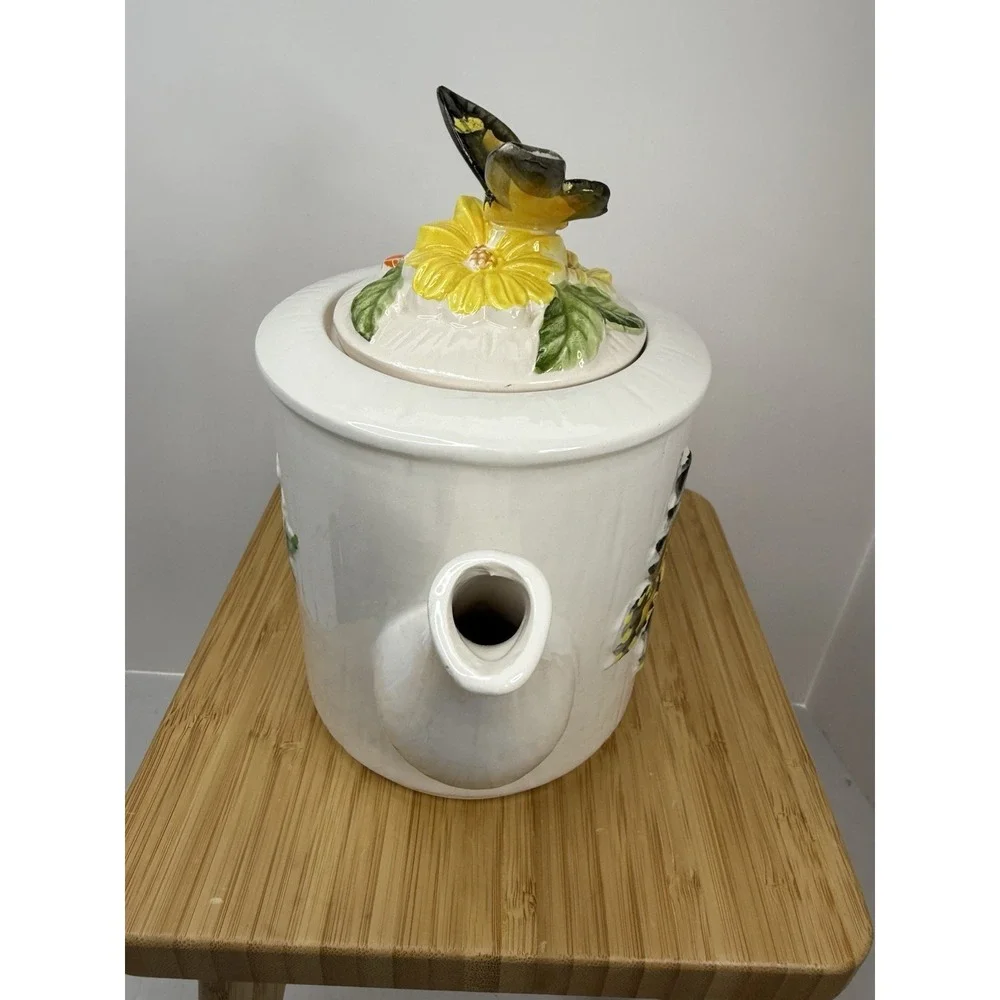 Vintage 70s Ceramic Butterfly Teapot Made‎ In Japan Flowers MCM